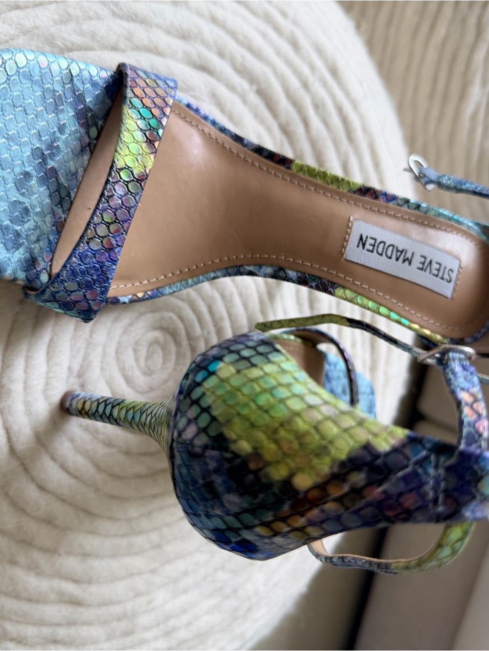 Steve Madden Blue, Purple & Lime Snake-Print Strappy Heels - Picture 3 of 3